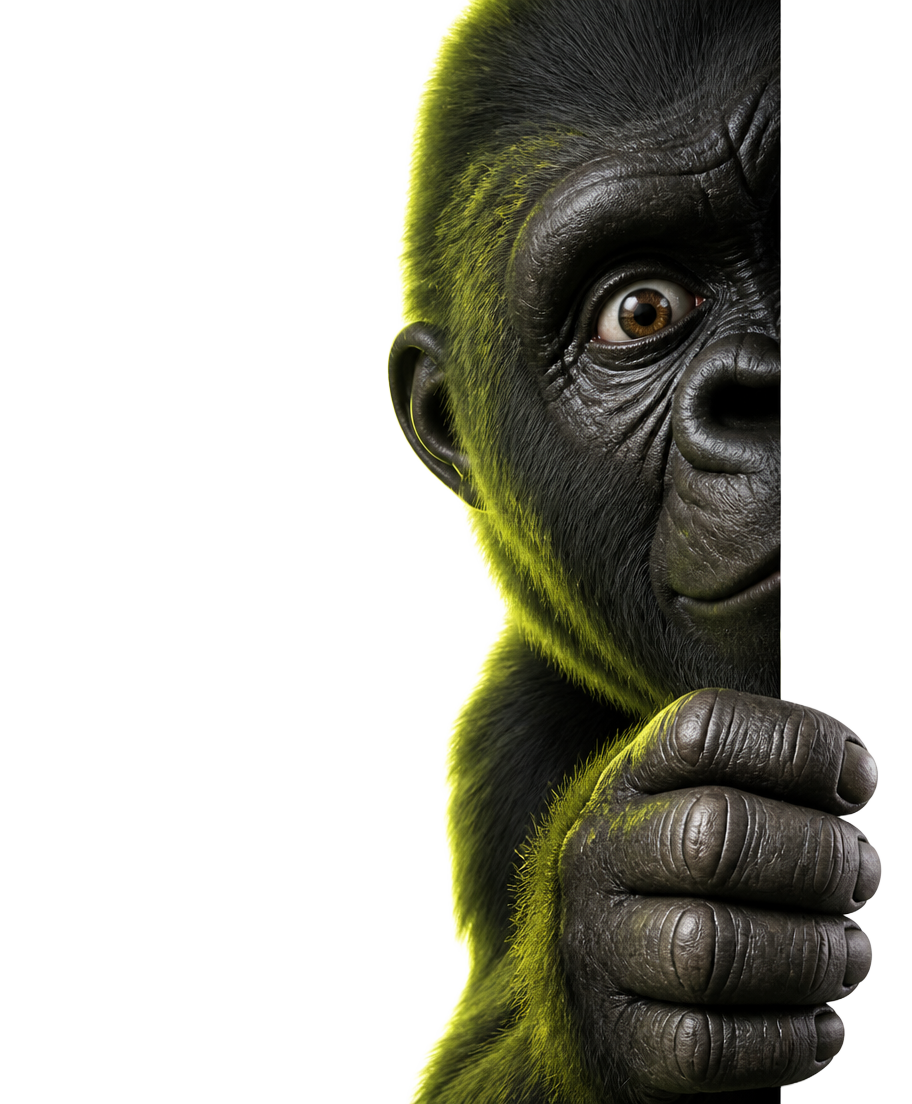 The APESHITE gorilla peeking around the edge of the screen